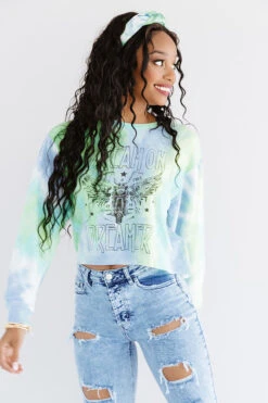 Dream On Dreamer Tie Dye Crop Sweatshirt In Blue