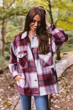 Redwoods Adventure Plaid Jacket In Wine -Chic Essence 2008177581000 2020091416532200 61dcb488redwoods adventure plaid jacket in wine