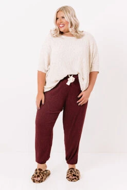 Cozy A La Mode Knit Joggers In Maroon Curves