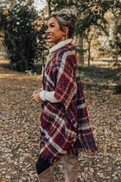 Chic Checklist Plaid Poncho In Aurora Red -Chic Essence 2011235063000 2022110408014800 8a093186chic checklist plaid poncho in aurora red