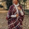 Chic Checklist Plaid Poncho In Aurora Red