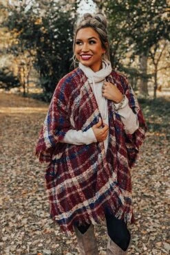 Chic Checklist Plaid Poncho In Aurora Red