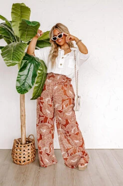 Boat Weekend High Waist Floral Pants In Brown Curves