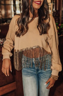 Tea Reader Fringe Crop Sweater In Khaki -Chic Essence 2210182583000 2022110410471200 b55470c1tea reader fringe crop sweater in khaki