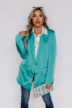 Mainstream Drama Satin Blazer In Turquoise -Chic Essence 2301096736000 2023011710584300 40410ad2mainstream drama satin blazer in turquoise