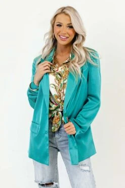 Mainstream Drama Satin Blazer In Turquoise