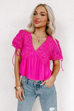 Romance Everywhere Embroidered Top In Hot Pink -Chic Essence 2304177462000 2023042407411100 120167c0romance everywhere embroidered top in hot pink